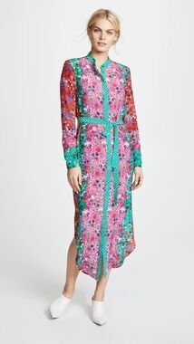 Saloni Molly Dress US 6 100% Silk Pink Floral Belted Midi Dress $595